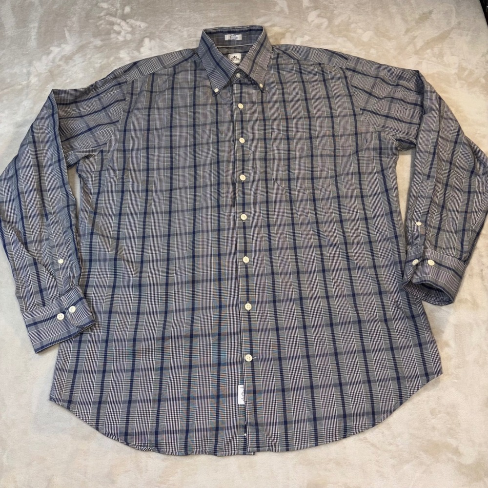 Peter Millar Mens Large Gray Blue Plaid Long Sleeve Cotton Button Down Shirt